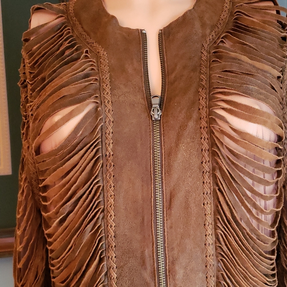 Natto leather shredded slashed mesh fringe jacket - Picture 2 of 12